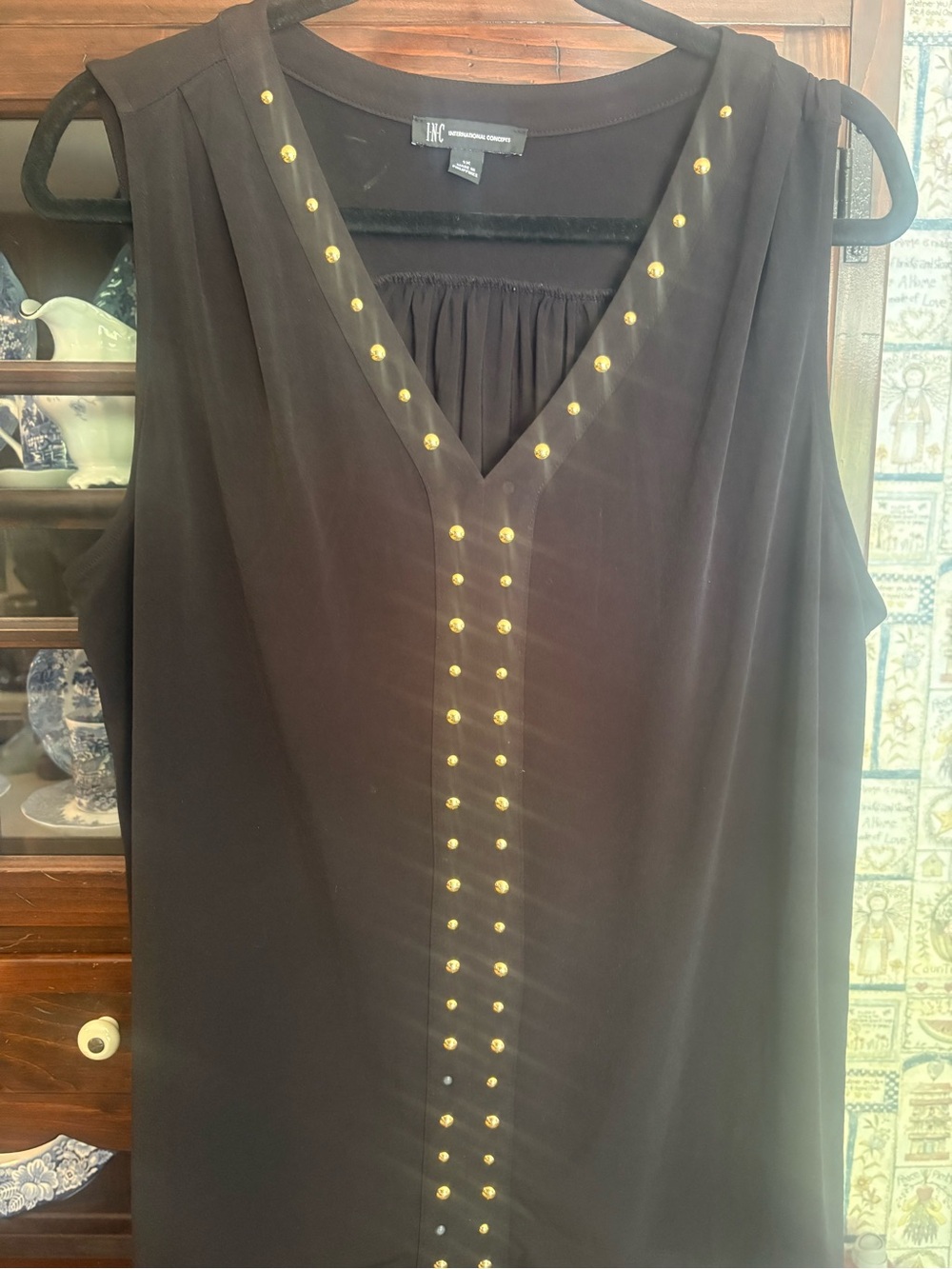 INC International Concepts Black V-Neck Sleeveless Top with Gold Stud Trim
